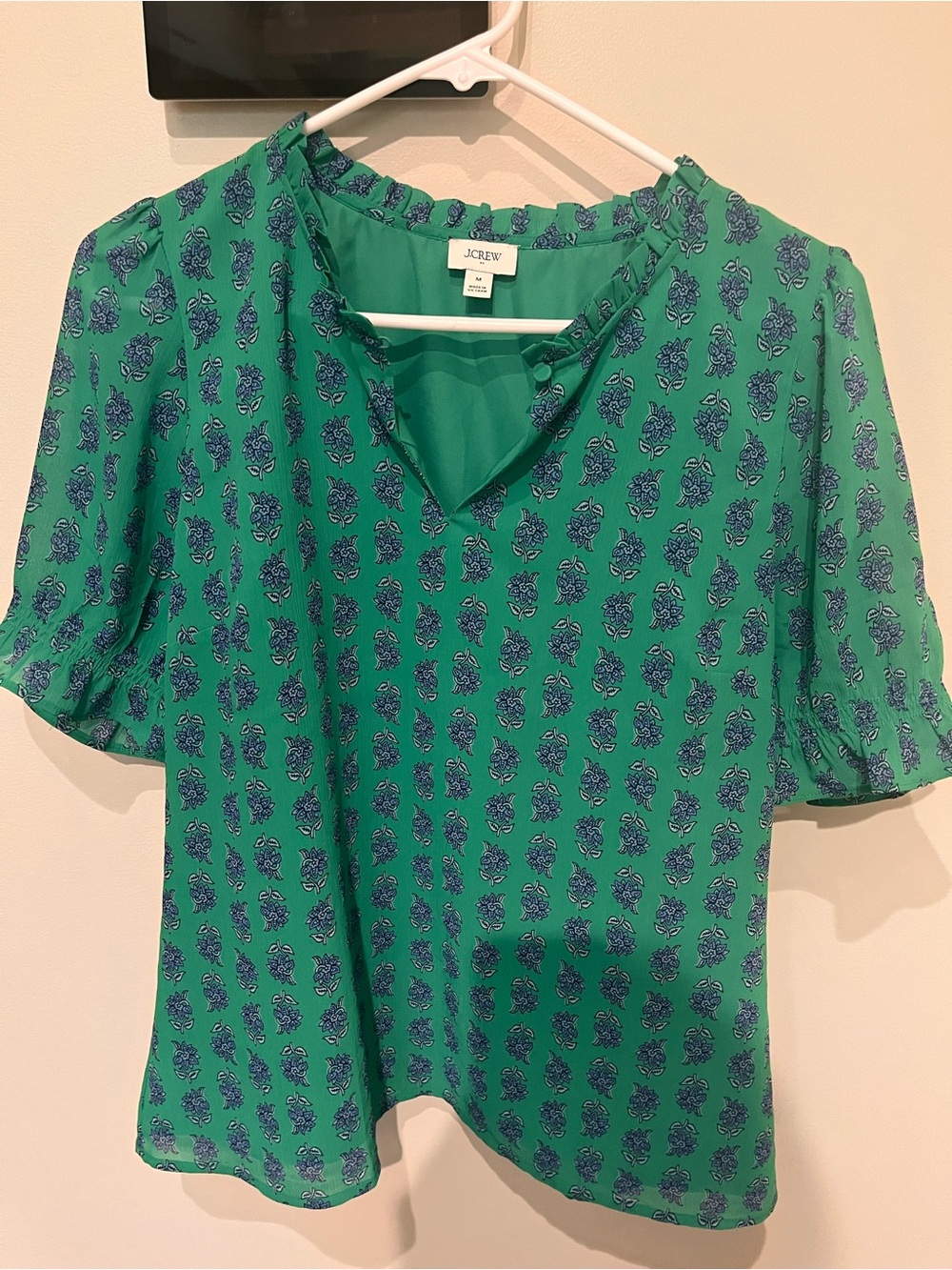 J. Crew Green Short-Sleeve Floral Blouse with Blue Print